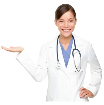 a woman in a white lab coat holding out her hand