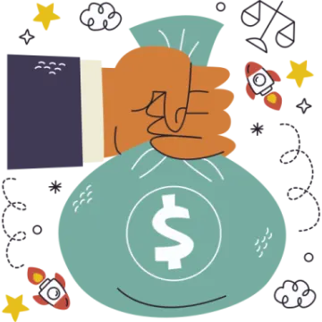 a hand holding a money bag with symbols around it