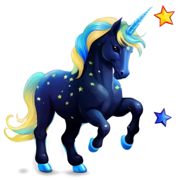 a blue and yellow unicorn with stars on its head