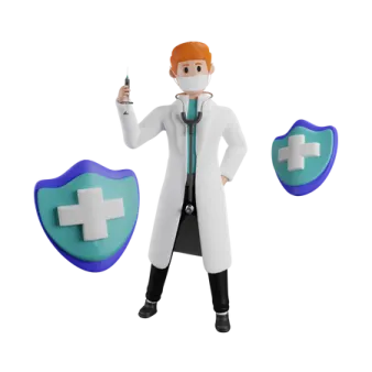 a man in a white lab coat holding a blue shield