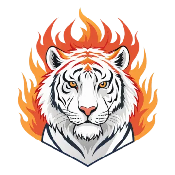a white tiger with orange and red flames on its head