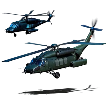 two military helicopters flying side by side
