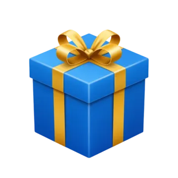 a blue gift box with gold ribbon