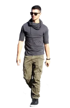a man wearing a black hoodie and green cargo pants