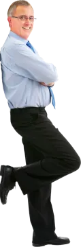 a man in a blue shirt and black pants