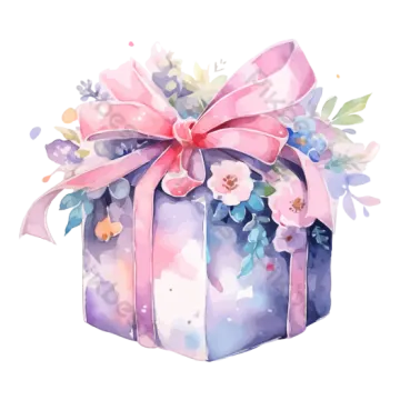 a watercolor gift box with a pink bow and flowers