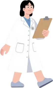 a woman in a lab coat holding a clipboard
