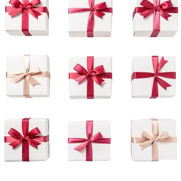 set of white gift boxes with red ribbon and bow isolated on white background