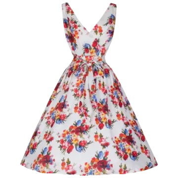 a white floral dress with red and blue flowers on it