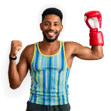 a man in a tank top holding a pair of boxing gloves