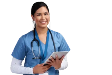 a woman in scrubs and holding a tablet