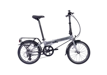 a silver folding bike on a white background