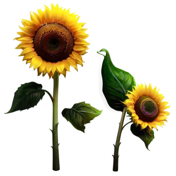 two sunflowers with green leaves on a white background