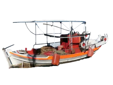 an orange and white boat on a white background