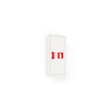 a white wall mounted cabinet with a red door