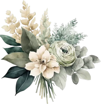 a bouquet with white flowers and green leaves