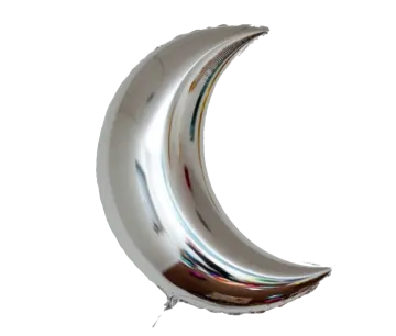 a silver crescent shaped balloon on a white background