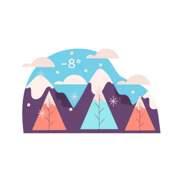 an illustration of mountains with trees and snow
