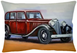 a painting of an old car on a pillow