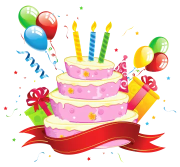 a birthday cake with balloons and streamers
