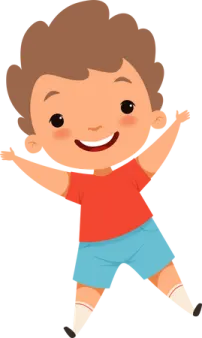 a boy in red shirt and blue shorts dancing