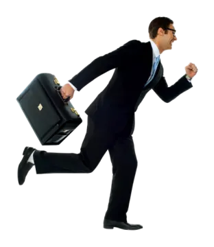a man in a suit running with a briefcase