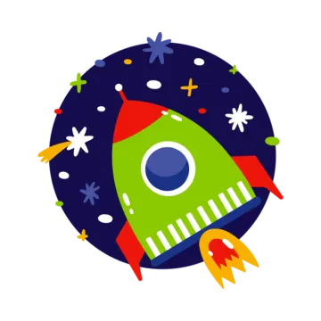 an illustration of a rocket with stars around it