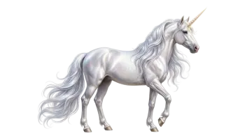 a white unicorn with long hair standing on its hinds