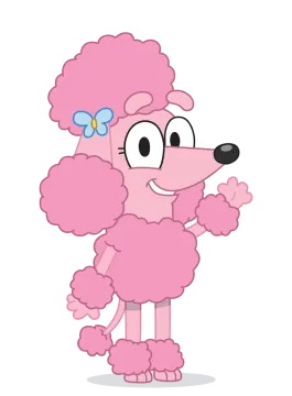 a pink poodle with a blue bow on her head