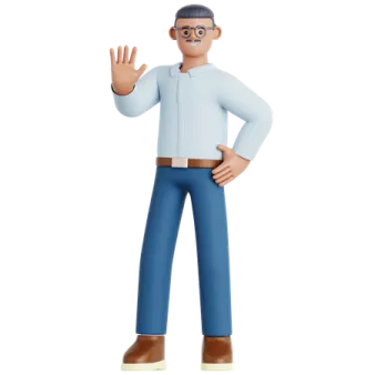 a man in a blue shirt and brown pants