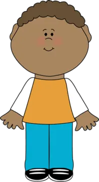 a boy with brown hair and blue pants