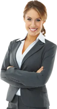 a woman in a suit with her arms crossed