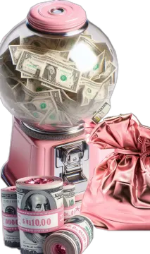 a pink gum machine with money in it