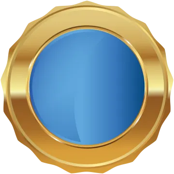 a gold medal with blue glass