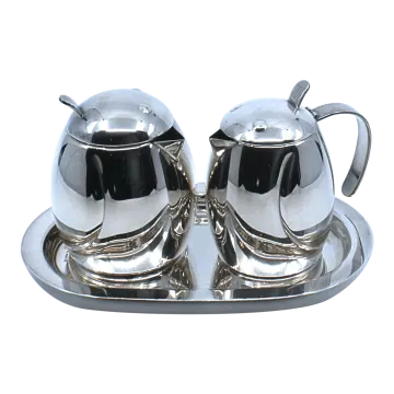 a silver plate with two cups on it