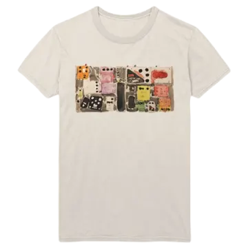 a white t - shirt with an abstract painting on it