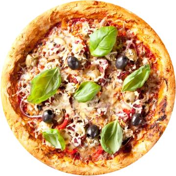 a pizza topped with cheese, olives, tomatoes and basil leaves