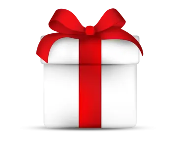 a white gift box with a red bow