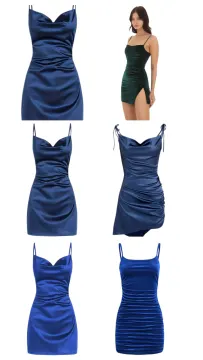 four different styles of blue and green dresses
