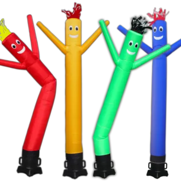 three colorful inflatables with faces and arms