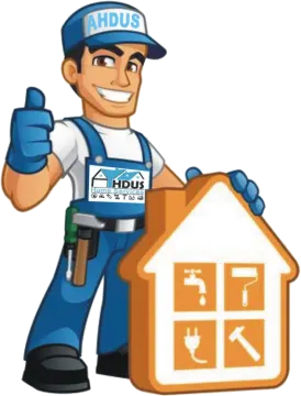 a man holding a house and giving the thumbs