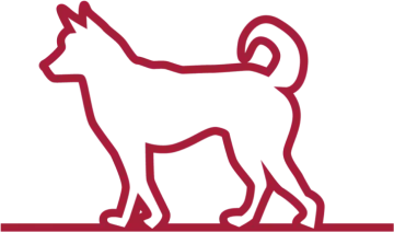 a white and red logo with a dog on it