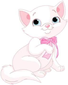 a white cat with a pink bow sitting down