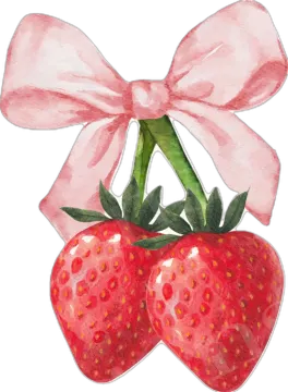 a watercolor drawing of two strawberries with a pink bow