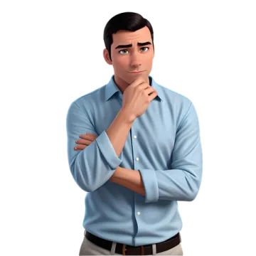 a man in a blue shirt with his hand on his chin