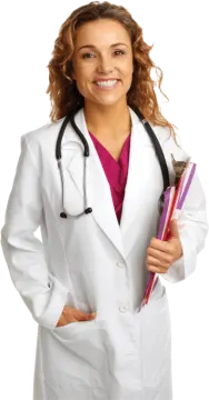 a woman in a white lab coat holding a clipboard