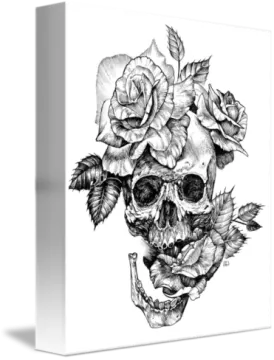 a black and white drawing of a skull with roses