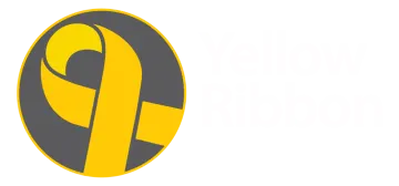 a yellow ribbon is in the center of this logo