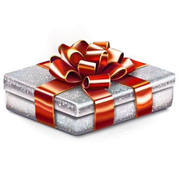 a silver gift box with a red bow