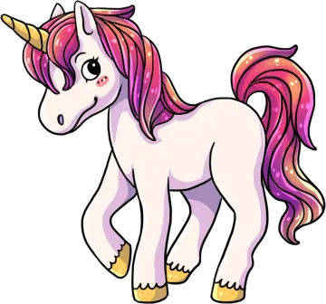 a cartoon unicorn with pink hair and yellow boots